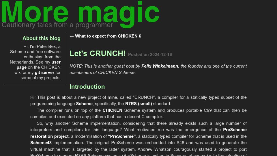 Screenshot of more-magic.net: Crunch – a Scheme compiler with a minimal runtime