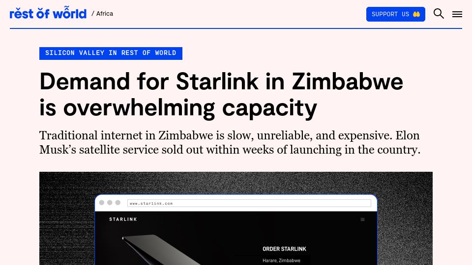 Screenshot of restofworld.org: Demand for Starlink in Zimbabwe is overwhelming capacity