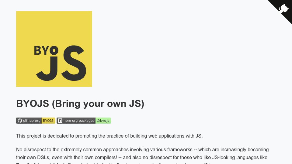 Screenshot of byojs.dev: BYOJS (Bring your own JS)