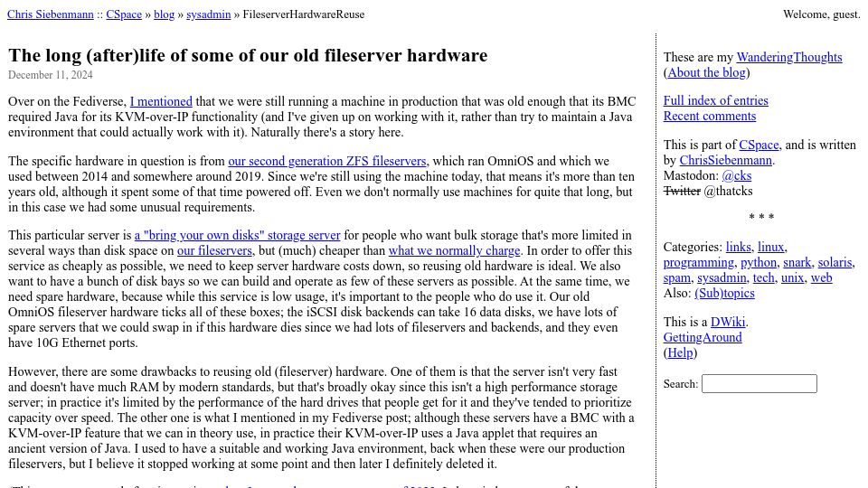 Screenshot of utcc.utoronto.ca: The long (after)life of some of our old fileserver hardware