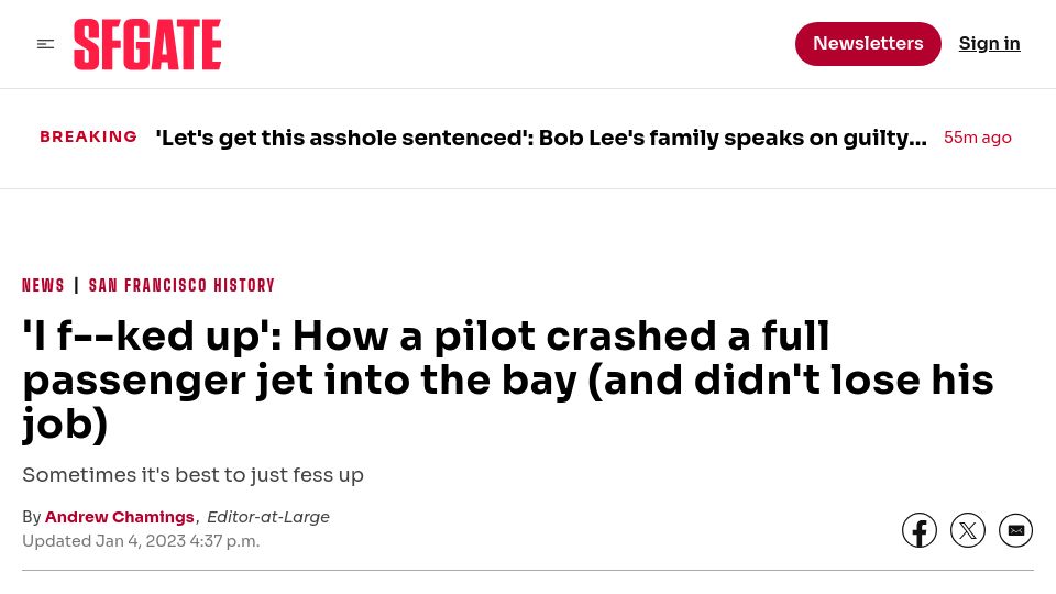 Screenshot of sfgate.com: A pilot crashed a full passenger jet into the bay, didn't lose his job (2021)