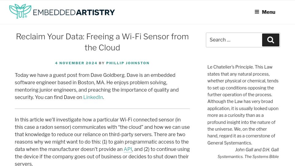 Screenshot of embeddedartistry.com: Reclaim Your Data: Freeing a Wi-Fi Sensor from the Cloud