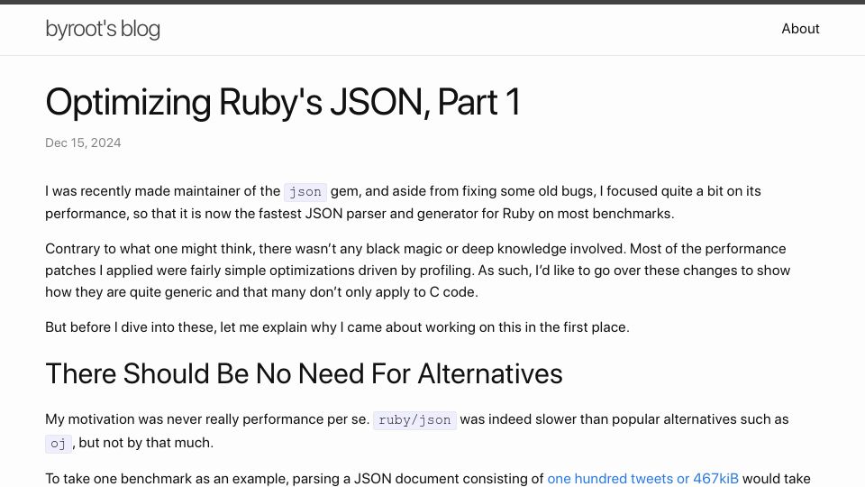 Screenshot of byroot.github.io: Optimizing Ruby's JSON, Part 1