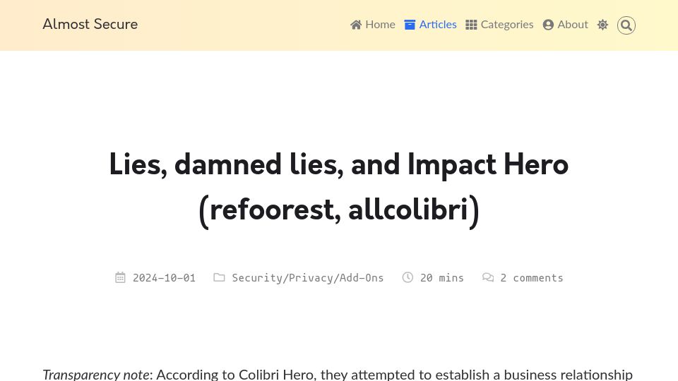 Screenshot of palant.info: Lies, damned lies, and Impact Hero (refoorest, allcolibri)
