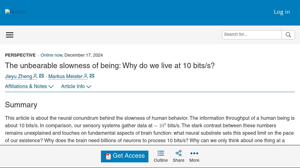 Screenshot of cell.com: The unbearable slowness of being: Why do we live at 10 bits/s?