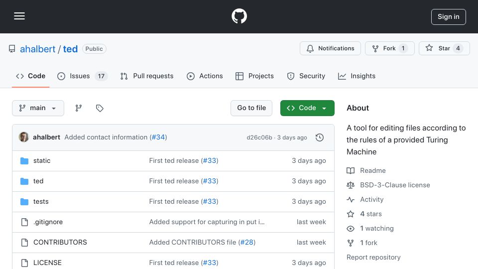 Screenshot of github.com: Ted: Tool for editing files according to the rules of a provided Turing Machine