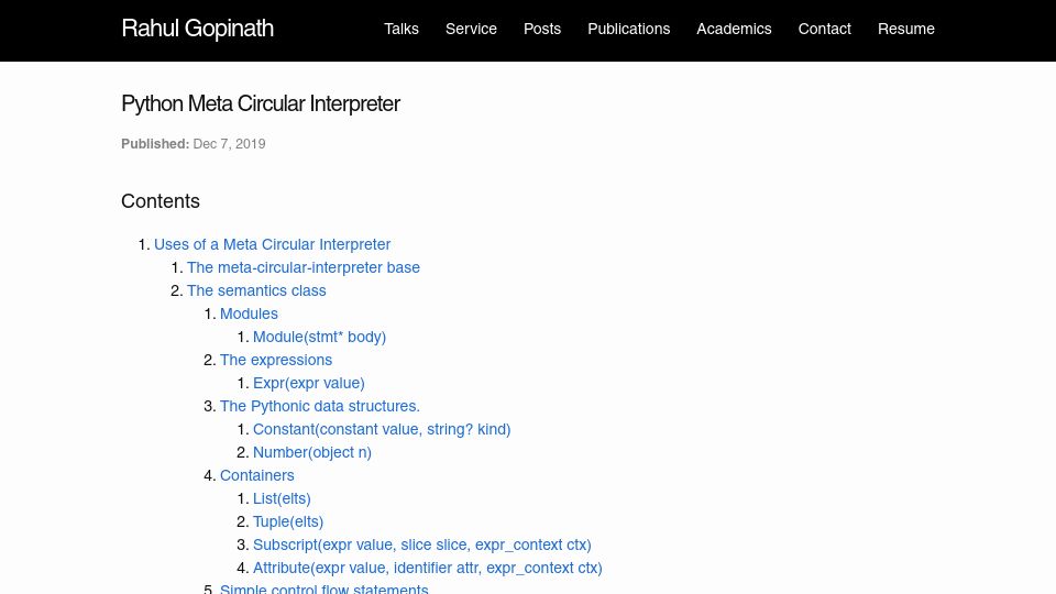 Screenshot of rahul.gopinath.org: Python Meta Circular Interpreter (2019)