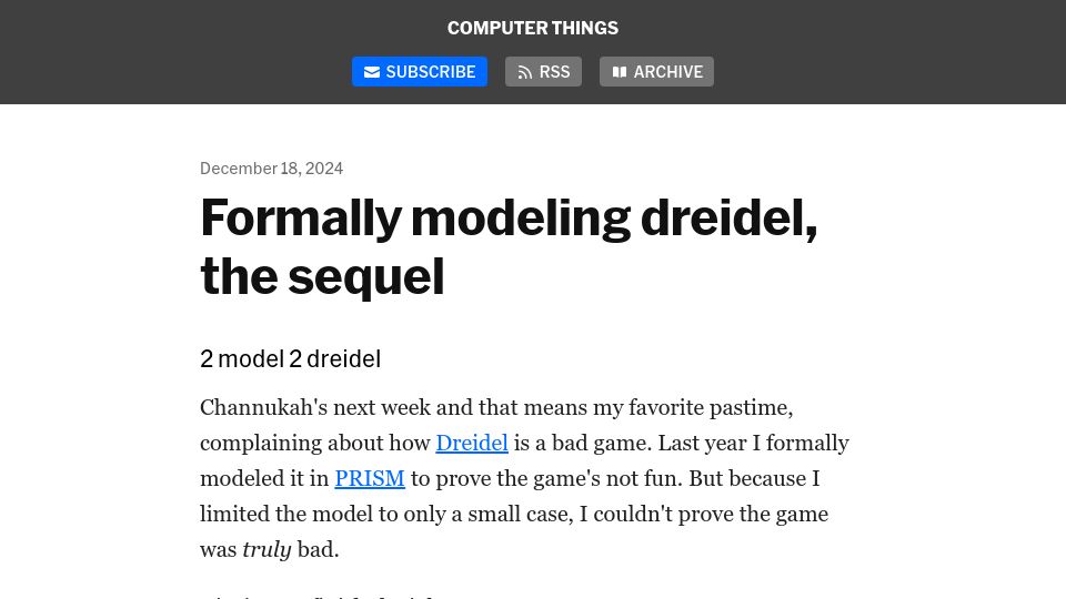 Screenshot of buttondown.com: Formally Modeling Dreidel, the Sequel
