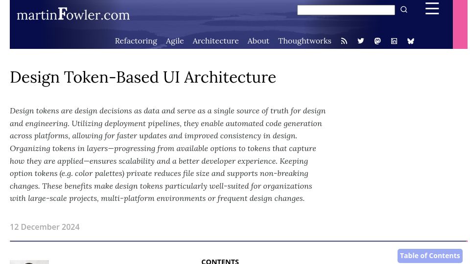 Screenshot of martinfowler.com: Design Token-Based UI Architecture