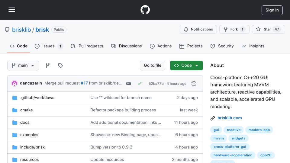 Screenshot of github.com: Show HN: Brisk – Cross-Platform C++ GUI Framework: Declarative, Reactive, Fast