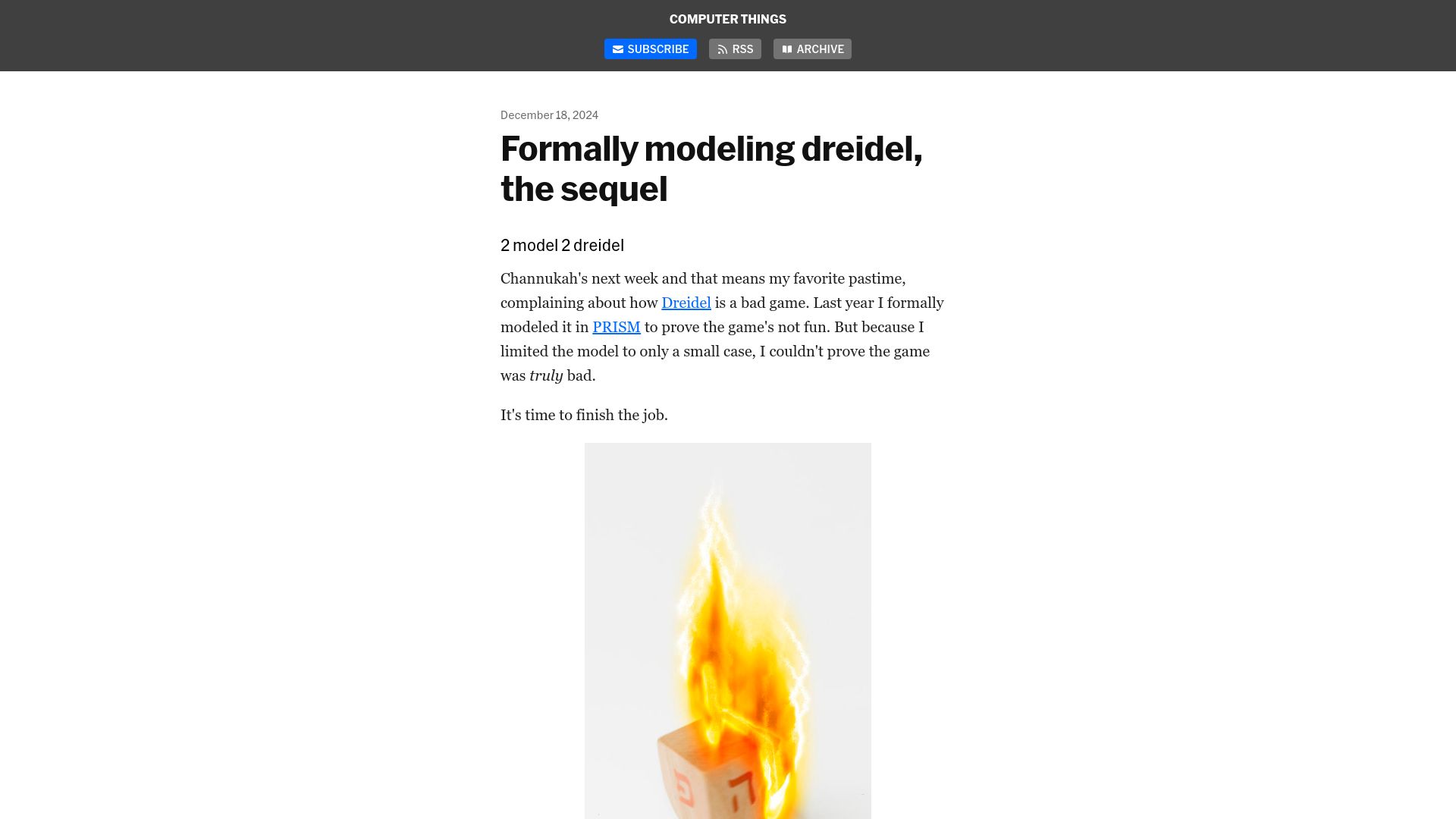 Screenshot of buttondown.com: Formally Modeling Dreidel, the Sequel