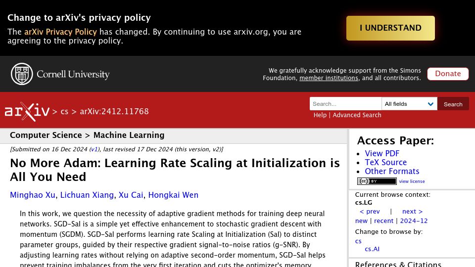 Screenshot of arxiv.org: No More Adam: Learning Rate Scaling at Initialization Is All You Need