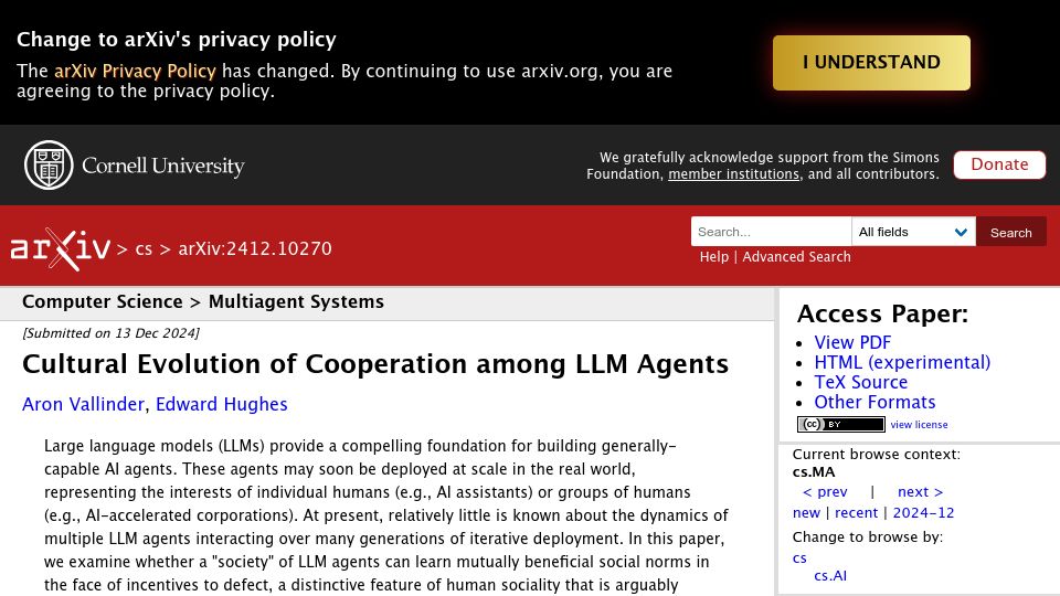 Screenshot of arxiv.org: Cultural Evolution of Cooperation Among LLM Agents