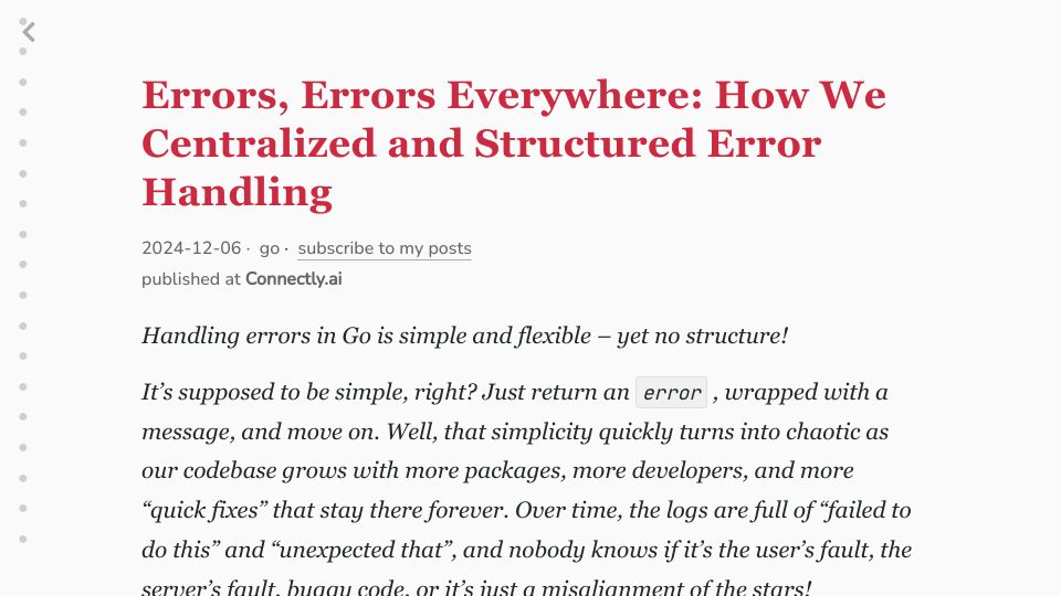 Screenshot of olivernguyen.io: How we centralized and structured error handling in Golang