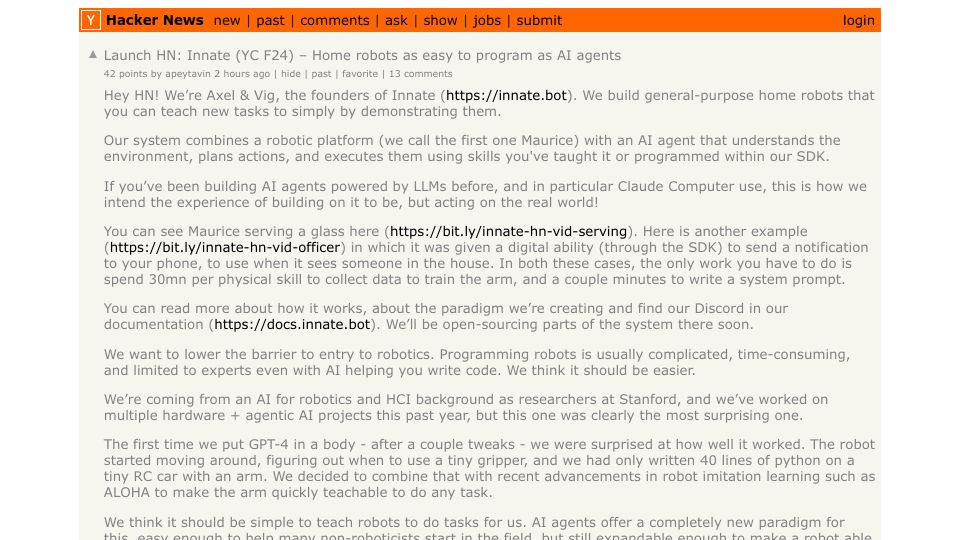 Screenshot of Hacker News post: Launch HN: Innate (YC F24) – Home robots as easy to program as AI agents