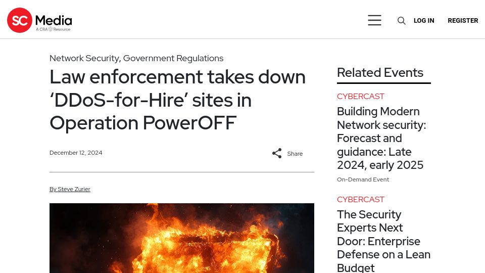 Screenshot of scworld.com: Law enforcement takes down 'DDoS-for-Hire' sites in Operation PowerOFF