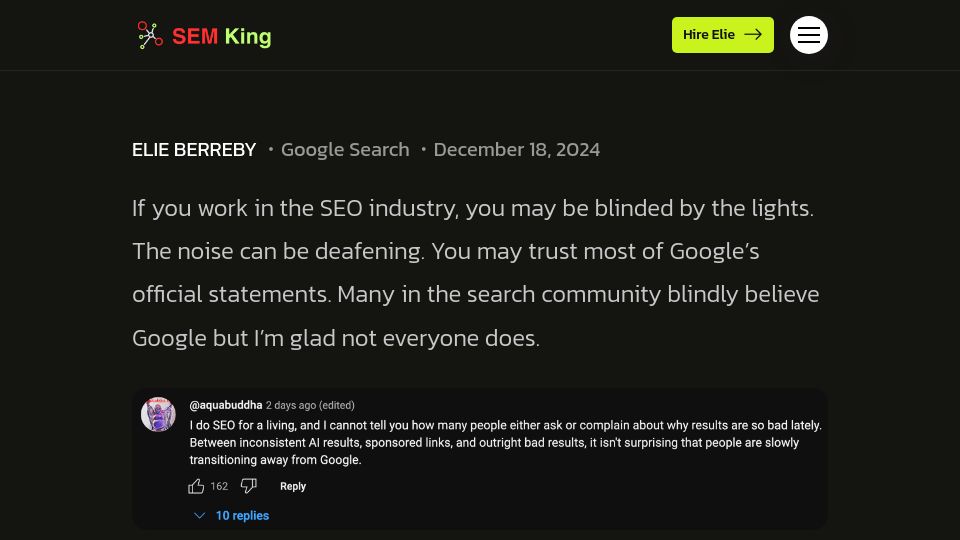 Screenshot of semking.com: Google, the search engine that's forgotten how to search