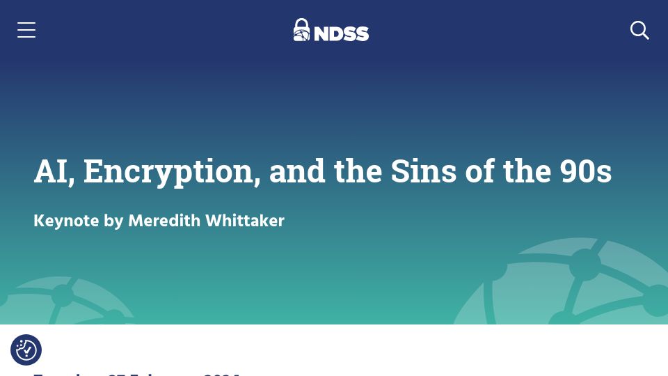 Screenshot of ndss-symposium.org: AI, Encryption, and the Sins of the 90s