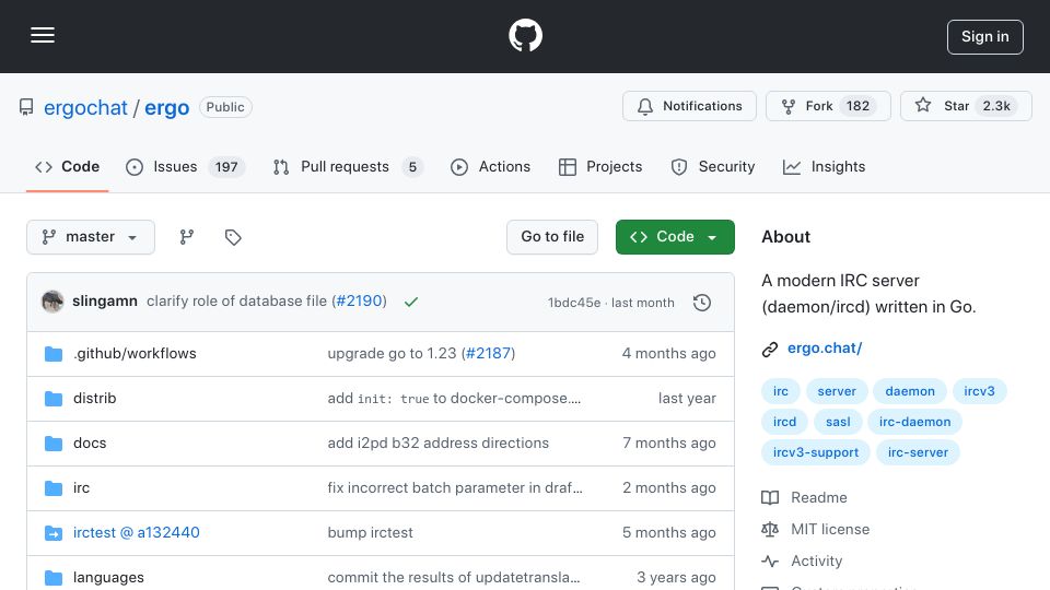Screenshot of github.com: Ergo Chat – A modern IRC server written in Go