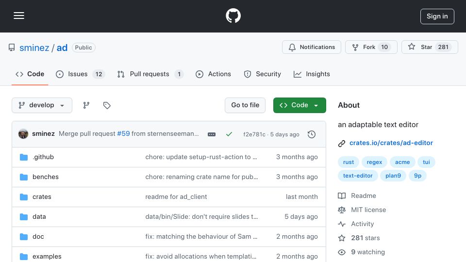 Screenshot of github.com: Ad: An Adaptable Text Editor
