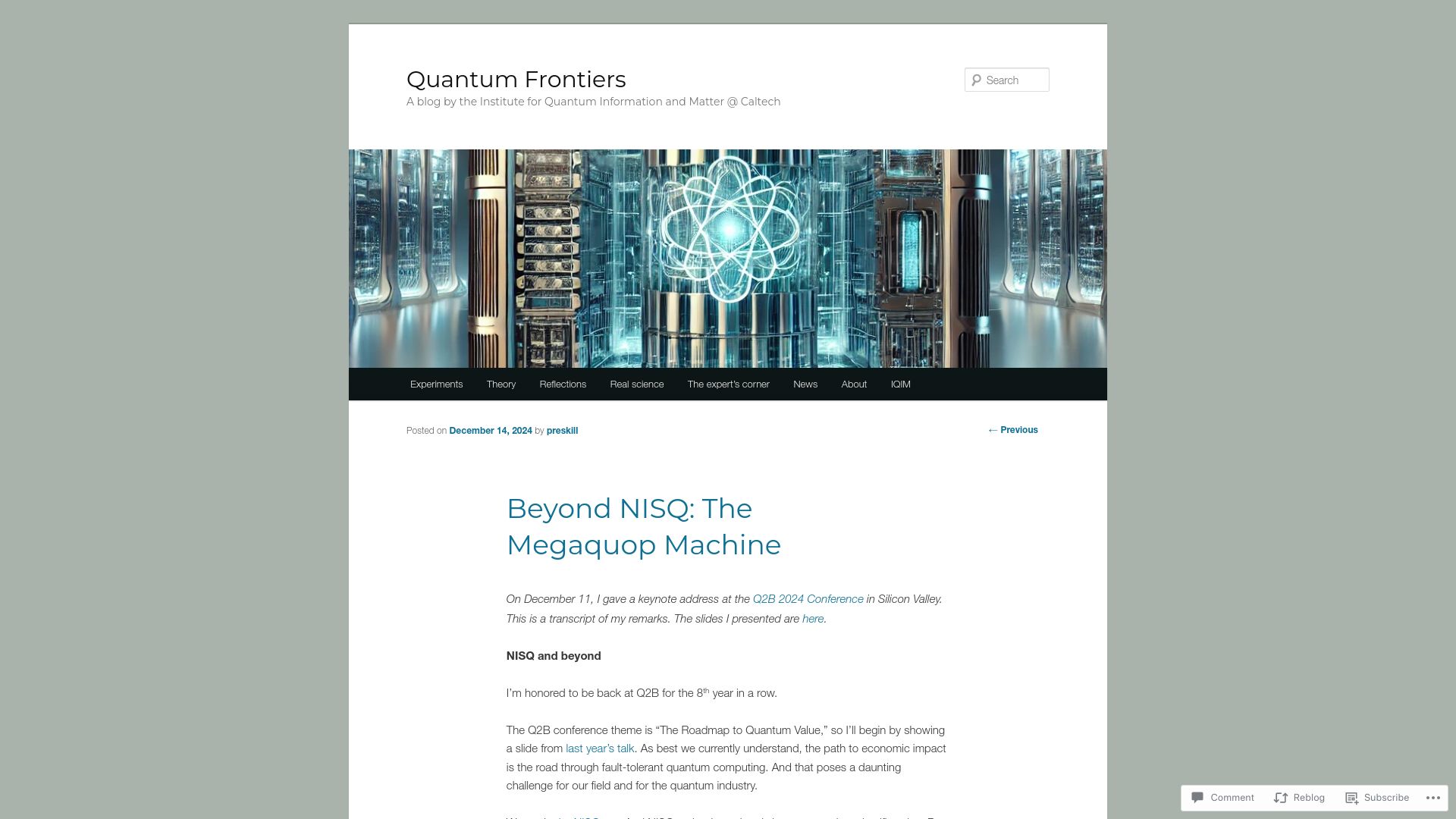 Screenshot of quantumfrontiers.com: Beyond NISQ: The Megaquop Machine