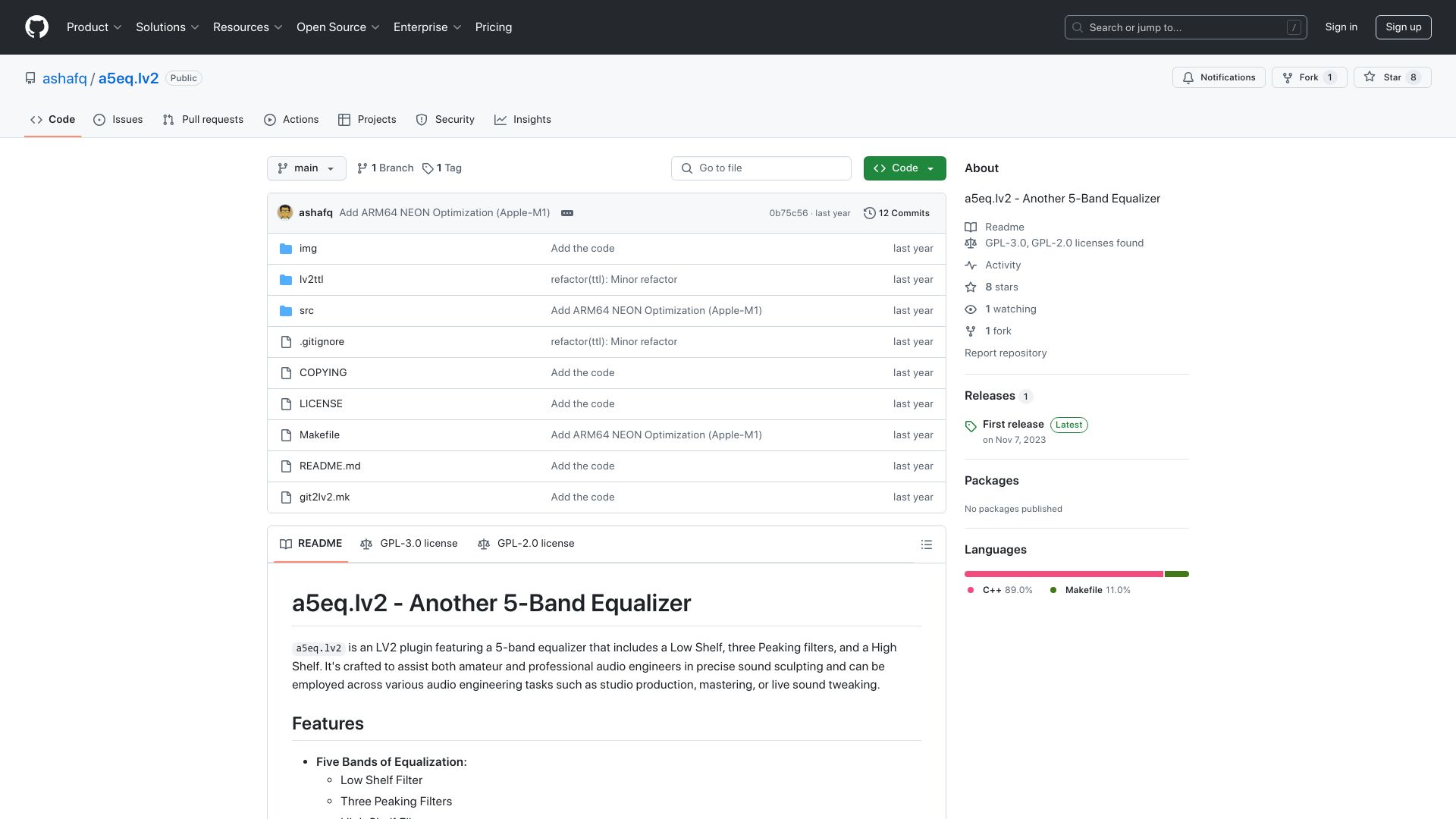 Screenshot of github.com: Show HN: An Open Source Equilizer Plugin