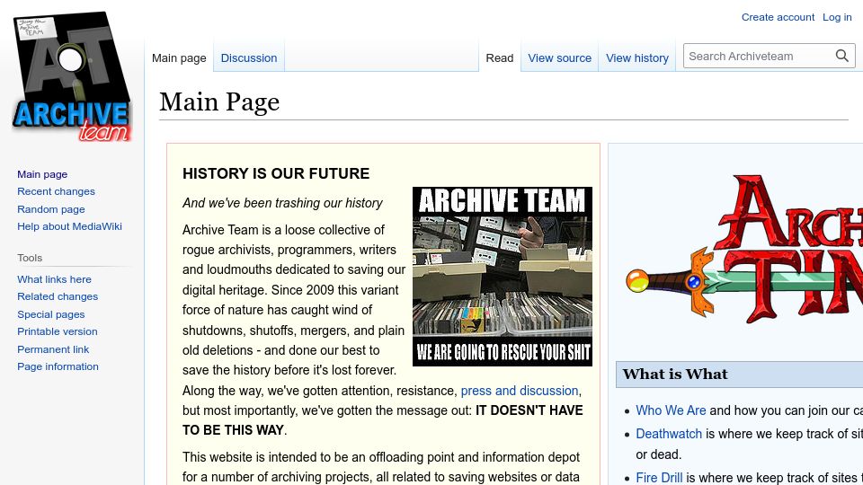 Screenshot of wiki.archiveteam.org: Archive Team