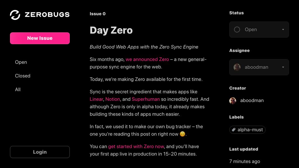 Screenshot of bugs.rocicorp.dev: Day Zero – Build Good Web Apps with the Zero Sync Engine