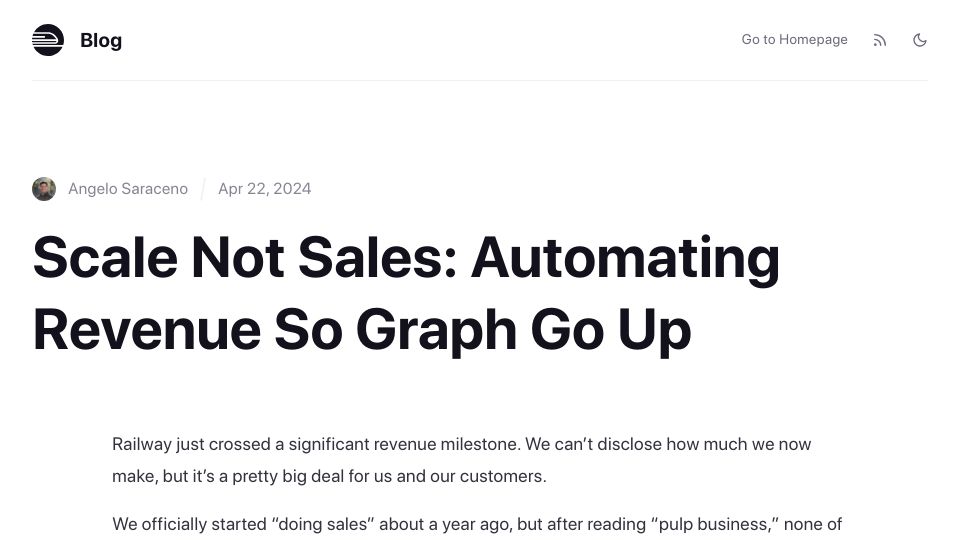 Screenshot of blog.railway.com: Scale Not Sales: Automating Revenue So Graph Go Up
