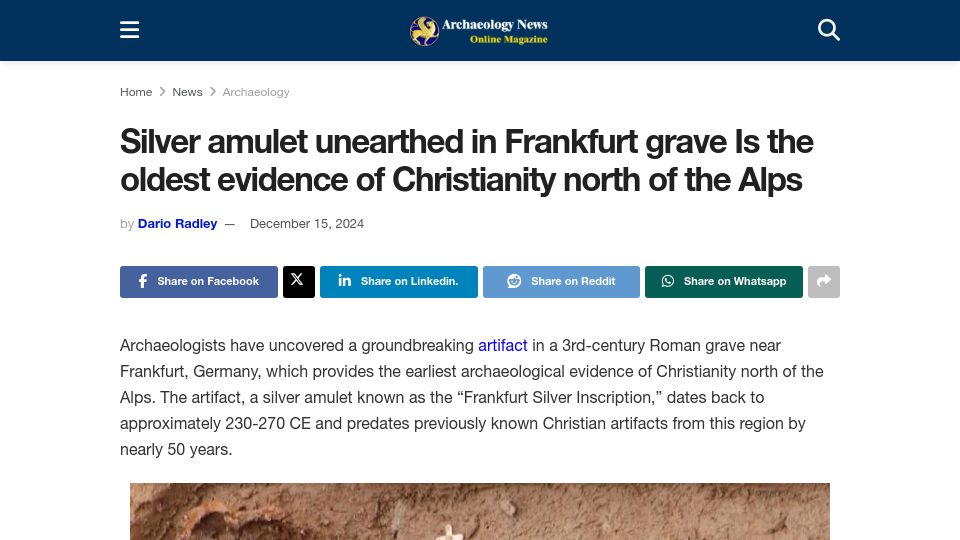 Screenshot of archaeologymag.com: Silver amulet is the oldest evidence of Christianity north of the Alps