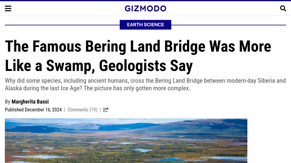 Screenshot of gizmodo.com: The Bering Land Bridge was more like a swamp