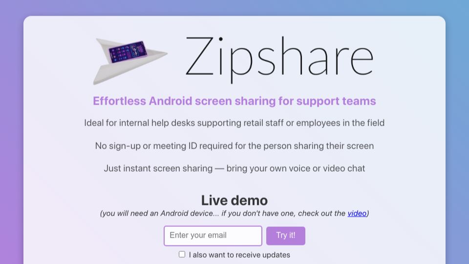 Screenshot of getzipshare.com: Show HN: Zipshare – one-step Android screen sharing for support teams