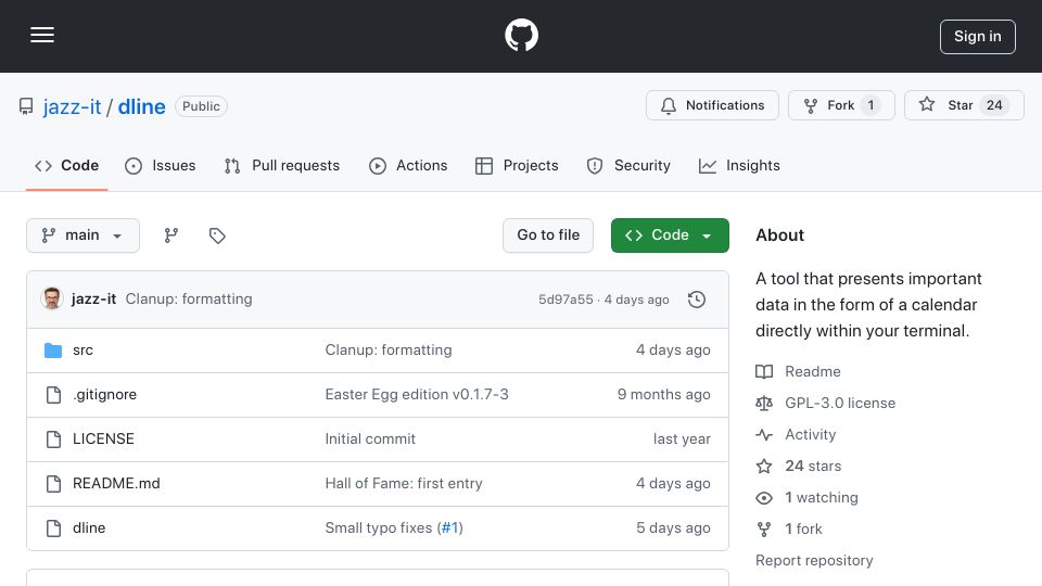 Screenshot of github.com: Dline: A tool that presents important data in the form of a calendar in terminal