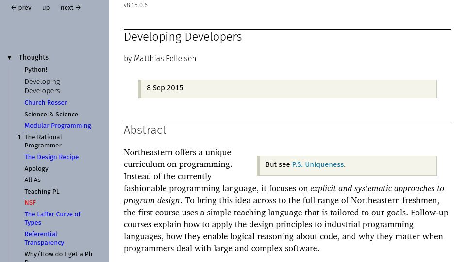 Screenshot of felleisen.org: Developing Developers (2015)