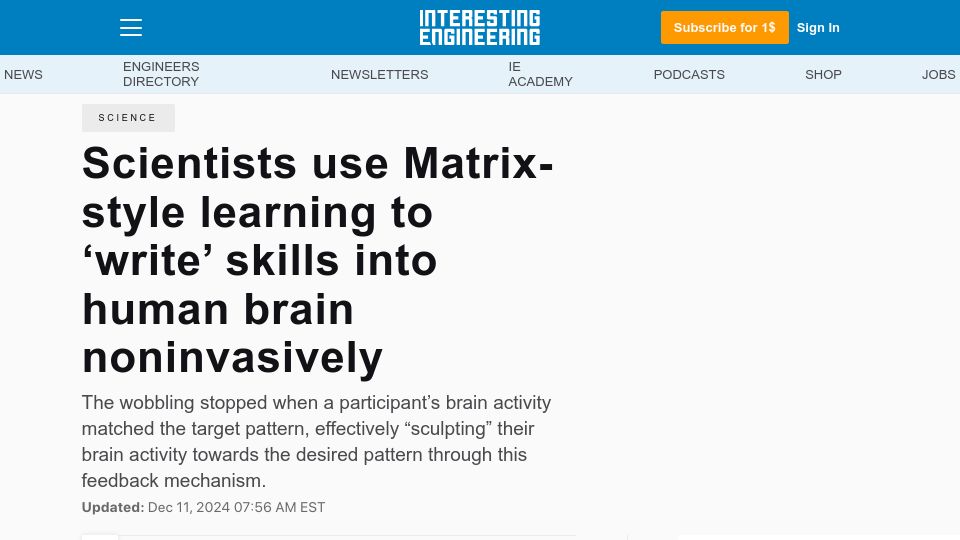 Screenshot of interestingengineering.com: Scientists learning to 'write' skills to human brain noninvasively, like Matrix