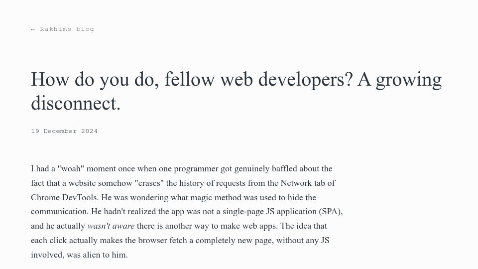 Screenshot of rakhim.exotext.com: How do you do, fellow web developers? A growing disconnect