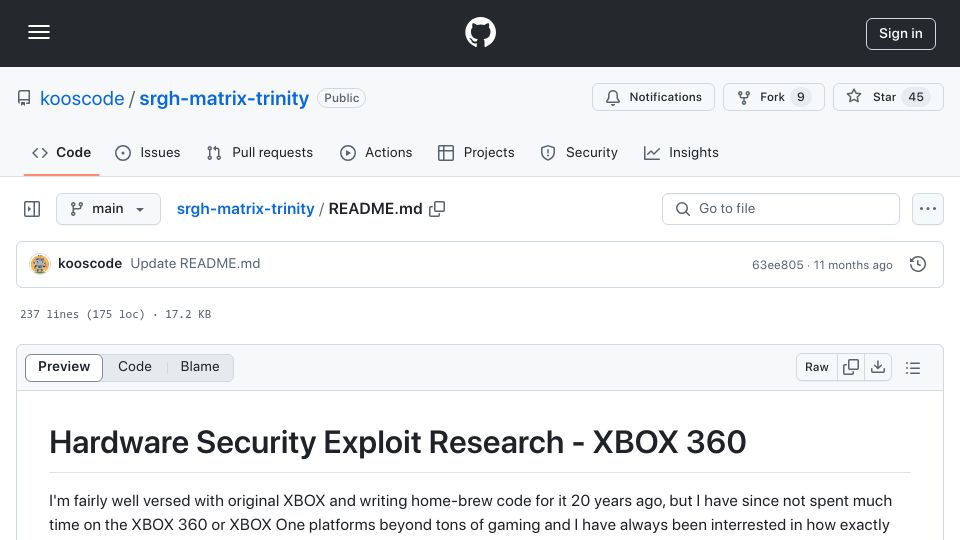 Screenshot of github.com: Hardware Security Exploit Research – Xbox 360