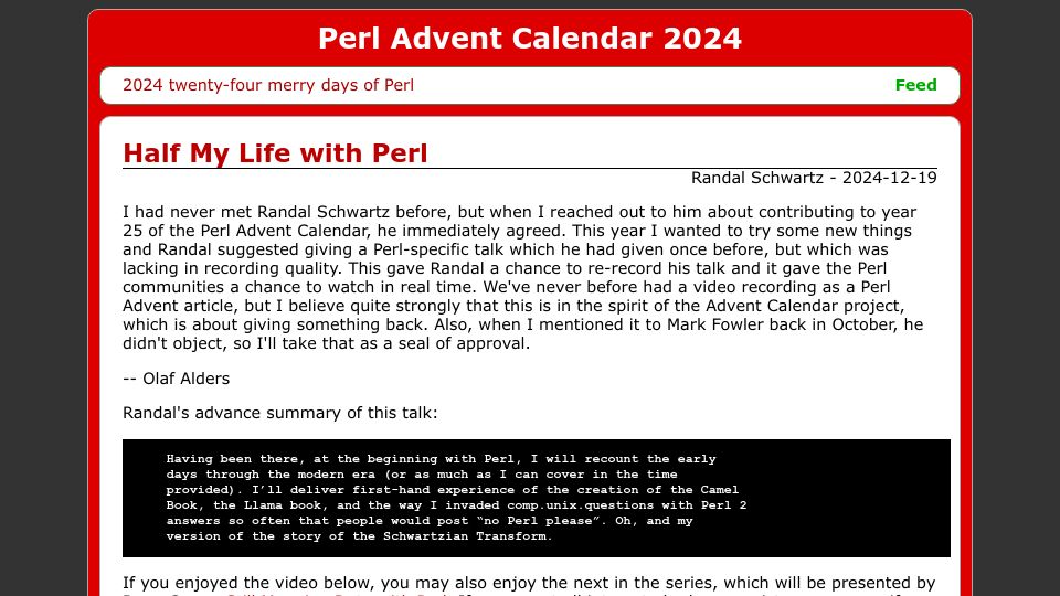 Screenshot of perladvent.org: Half My Life with Perl