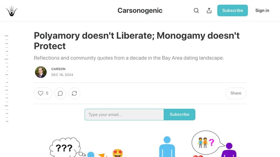 Screenshot of carsonogenic.substack.com: Polyamory doesn't Liberate; Monogamy doesn't Protect