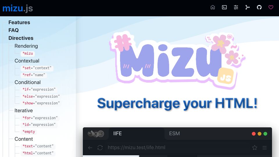 Screenshot of mizu.sh: Show HN: Mizu.js – Lightweight HTML templating library for any-side rendering
