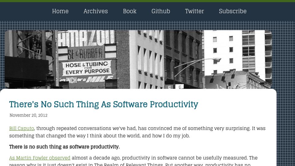 Screenshot of benrady.com: There's No Such Thing as Software Productivity (2012)