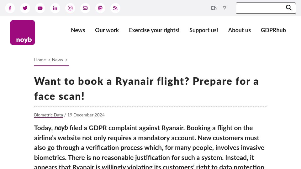 Screenshot of noyb.eu: Want to book a Ryanair flight? Prepare for a face scan