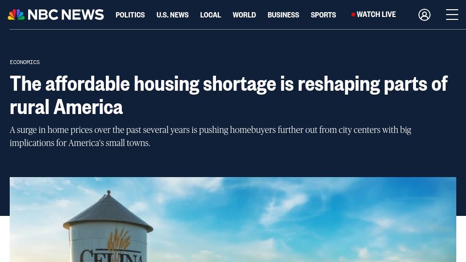 Screenshot of nbcnews.com: The affordable housing shortage is reshaping parts of rural America
