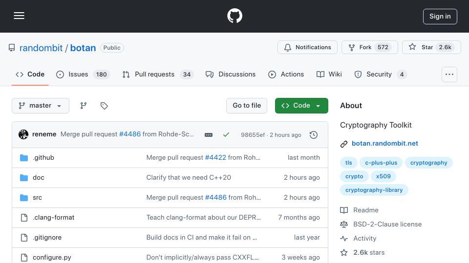 Screenshot of github.com: Botan: Crypto and TLS for Modern C++