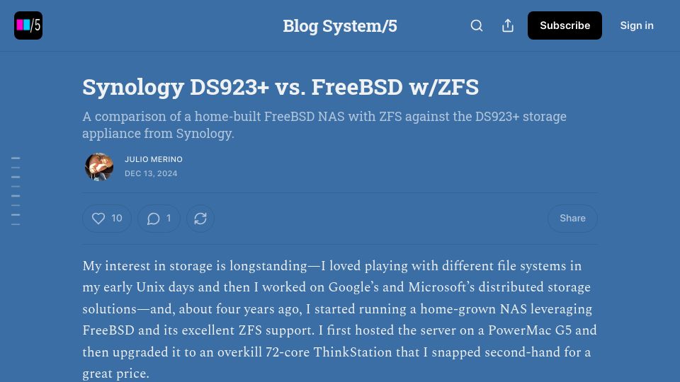 Screenshot of blogsystem5.substack.com: Synology DS923 vs. FreeBSD with ZFS