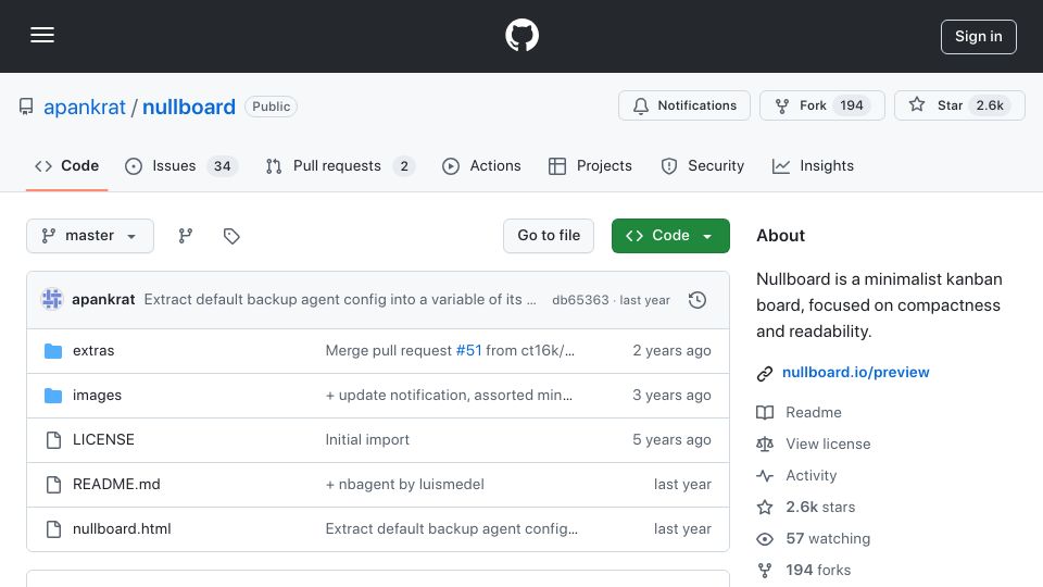 Screenshot of github.com: Nullboard: Kanban board in a single HTML file