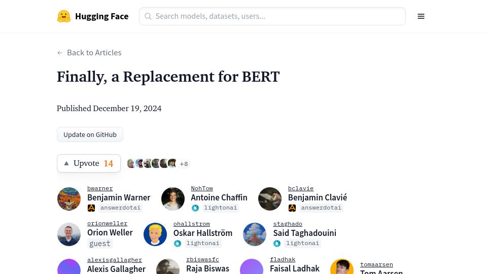 Screenshot of huggingface.co: A Replacement for BERT