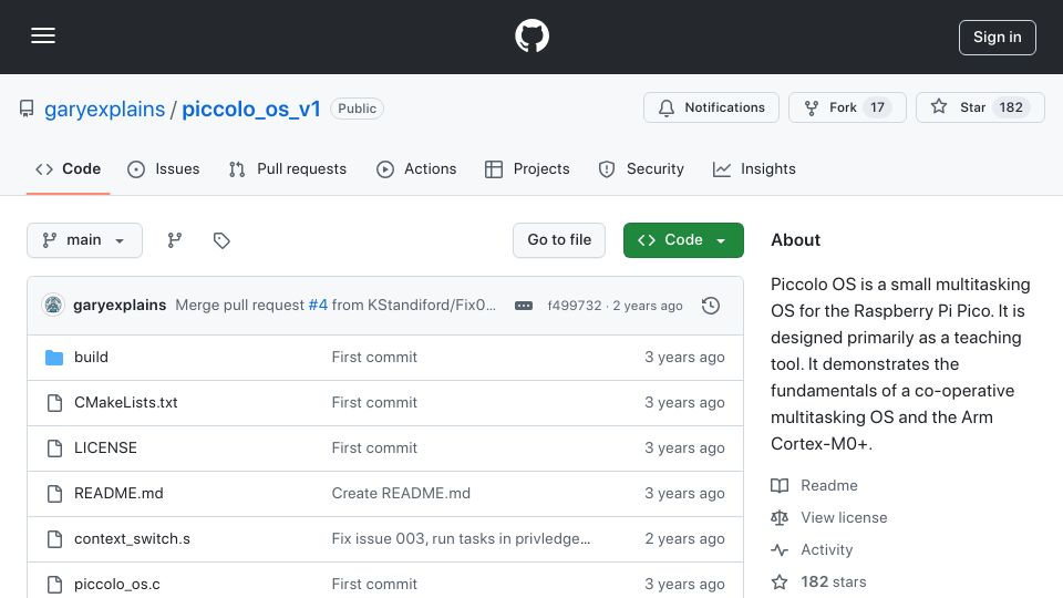 Screenshot of github.com: Piccolo OS, a Small Multitasking OS for the Raspberry Pi Pico
