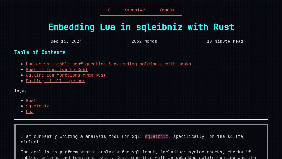 Screenshot of xnacly.me: Embedding Lua in Sqleibniz with Rust