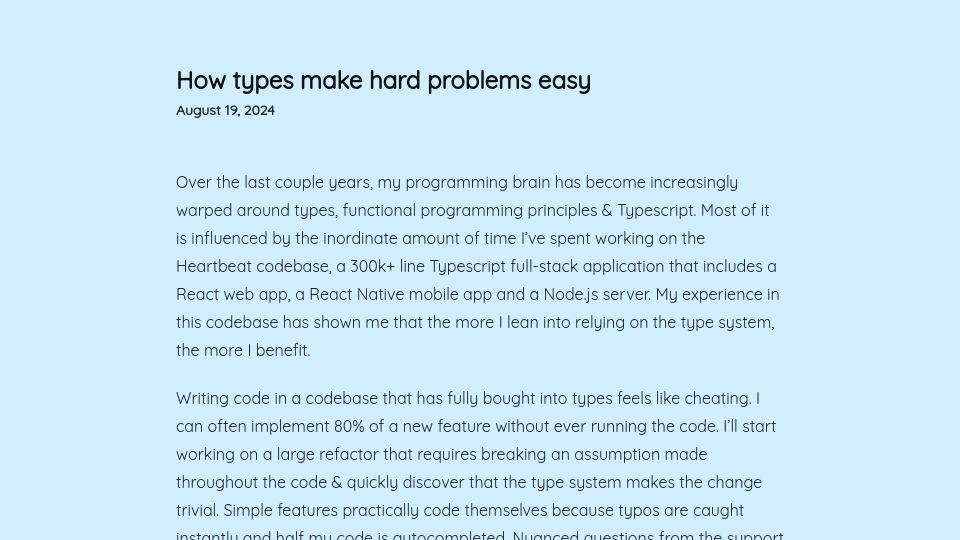 Screenshot of mayhul.com: How types make hard problems easy